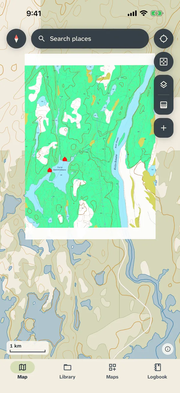 A georeferenced 1:20 000 PDF forest map laid over the base map, with lakes and a river around it