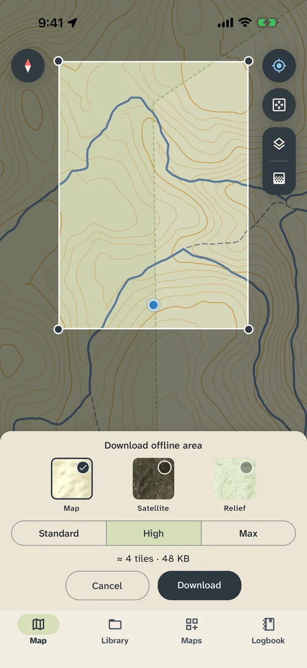 Framing an area on the map to download for offline use, with a choice of map, satellite or relief and three detail levels